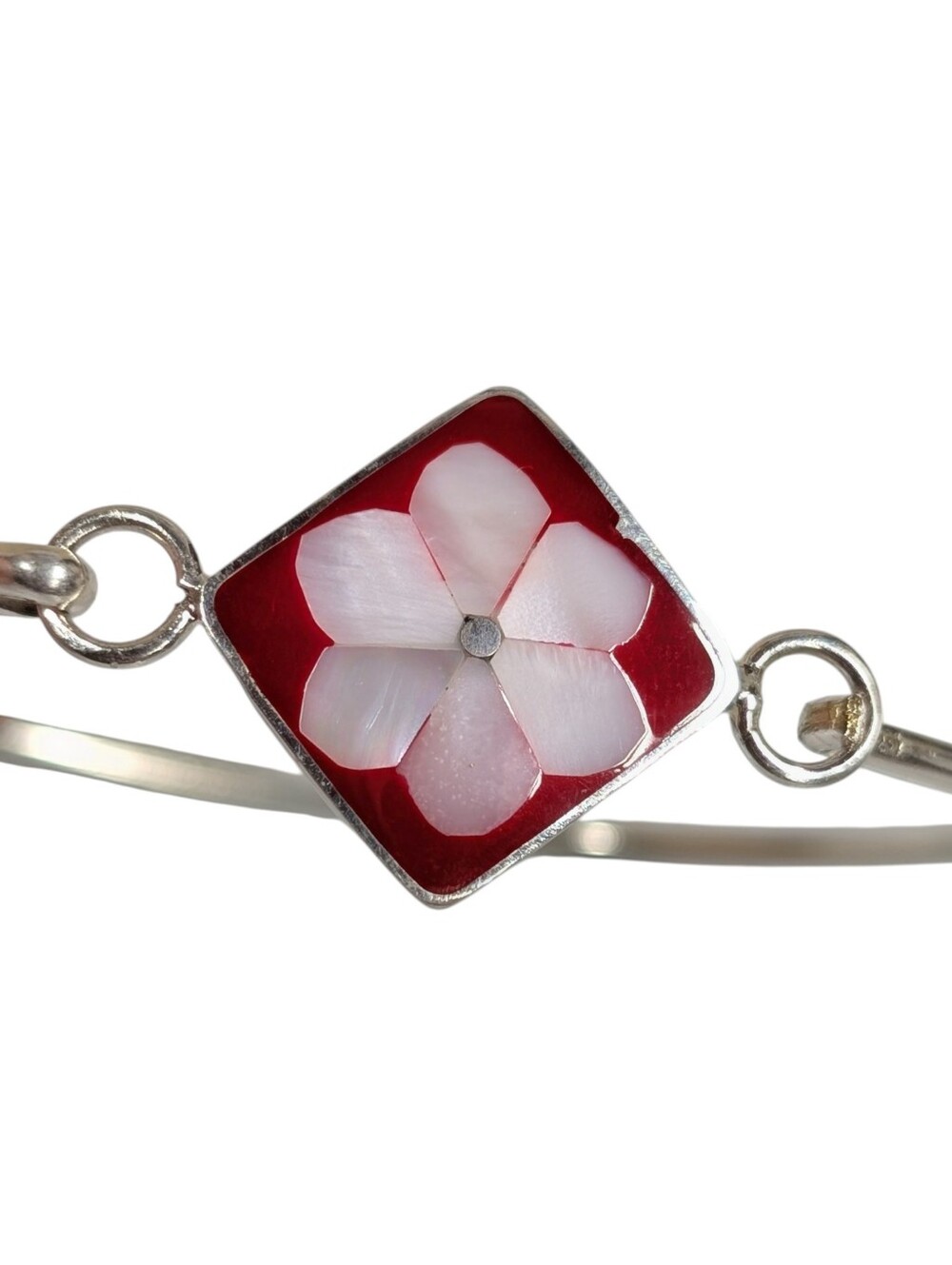 Alpaca Mexico Red And White Inlay MOP Flower Enamel Silver Bangle Bracelet